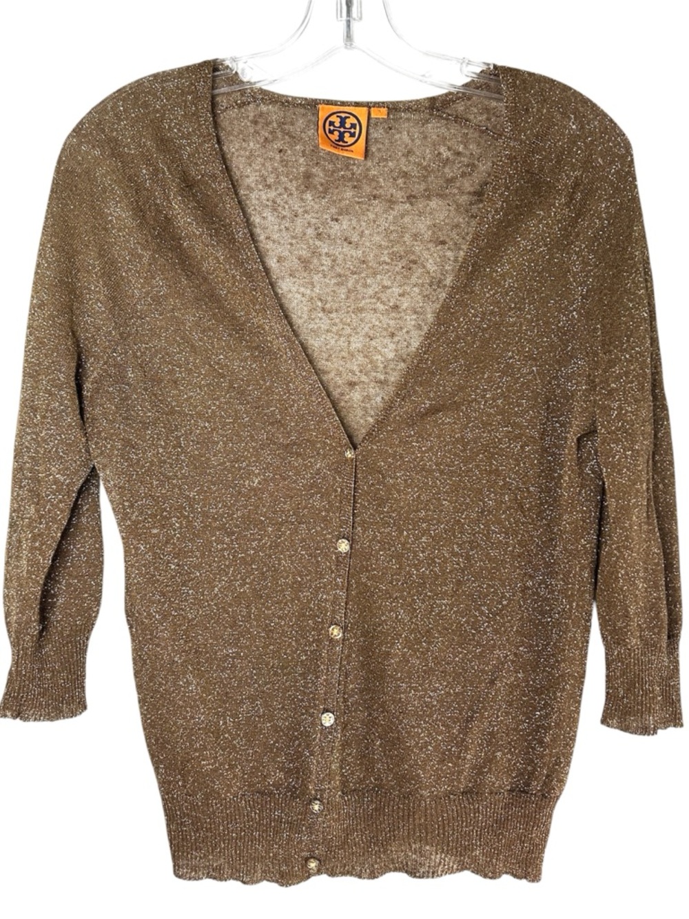 Tory Burch Brown Metallic Cardigan Sweater Womens Small Gold Classic Old Money